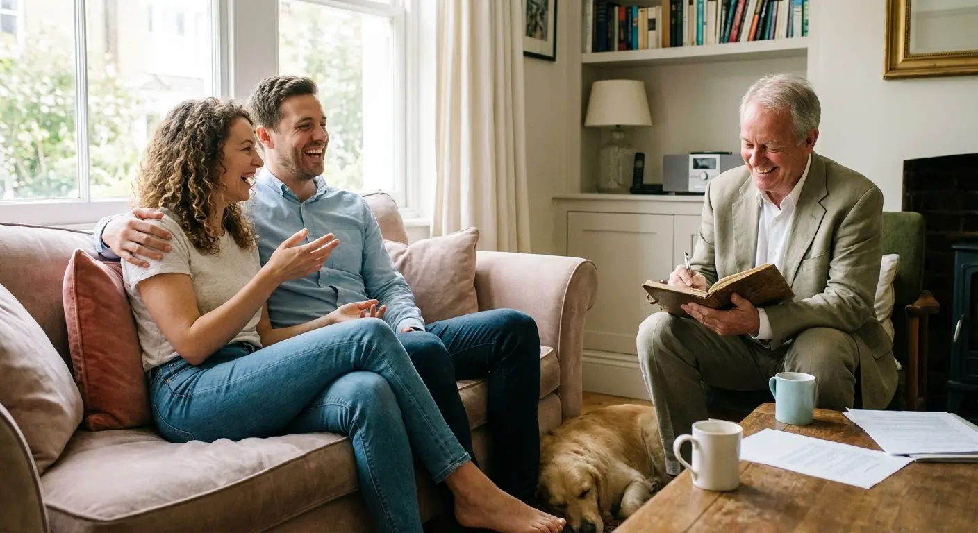 Couple laughing during a story-driven wedding ceremony