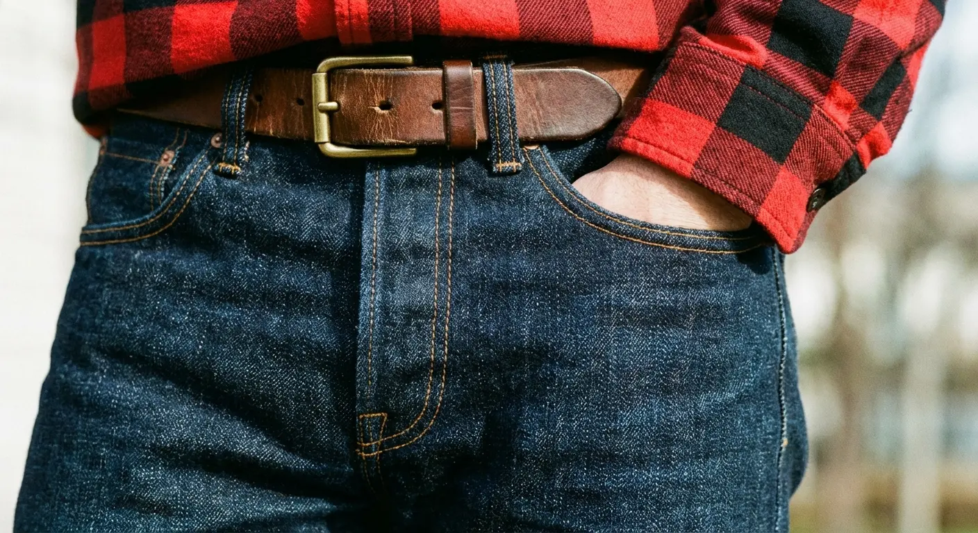 Dark wash indigo jeans offering high contrast with a red shirt