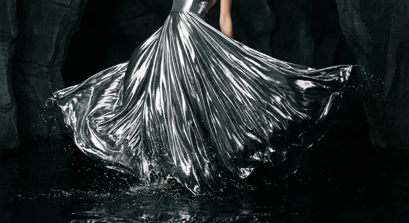 Model wearing a liquid chrome satin dress