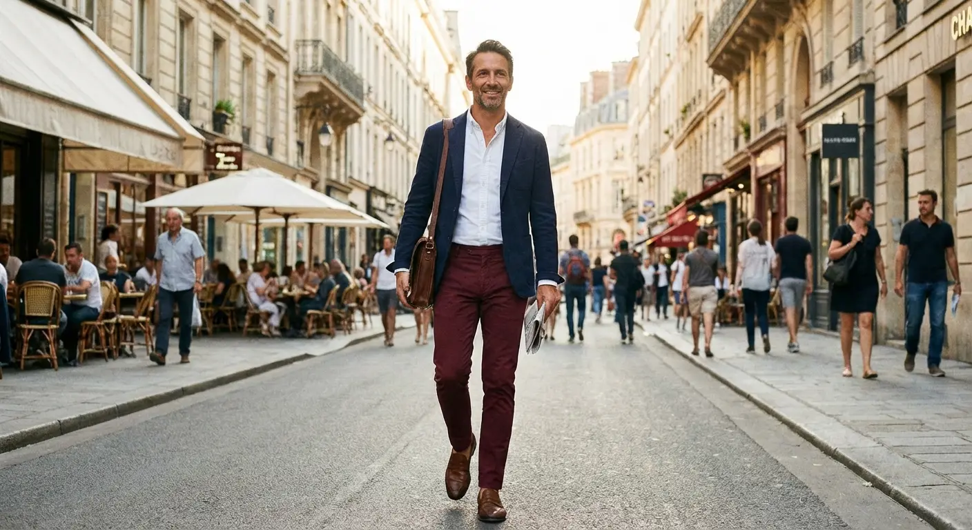 Man wearing crisp white shirt with burgundy pants