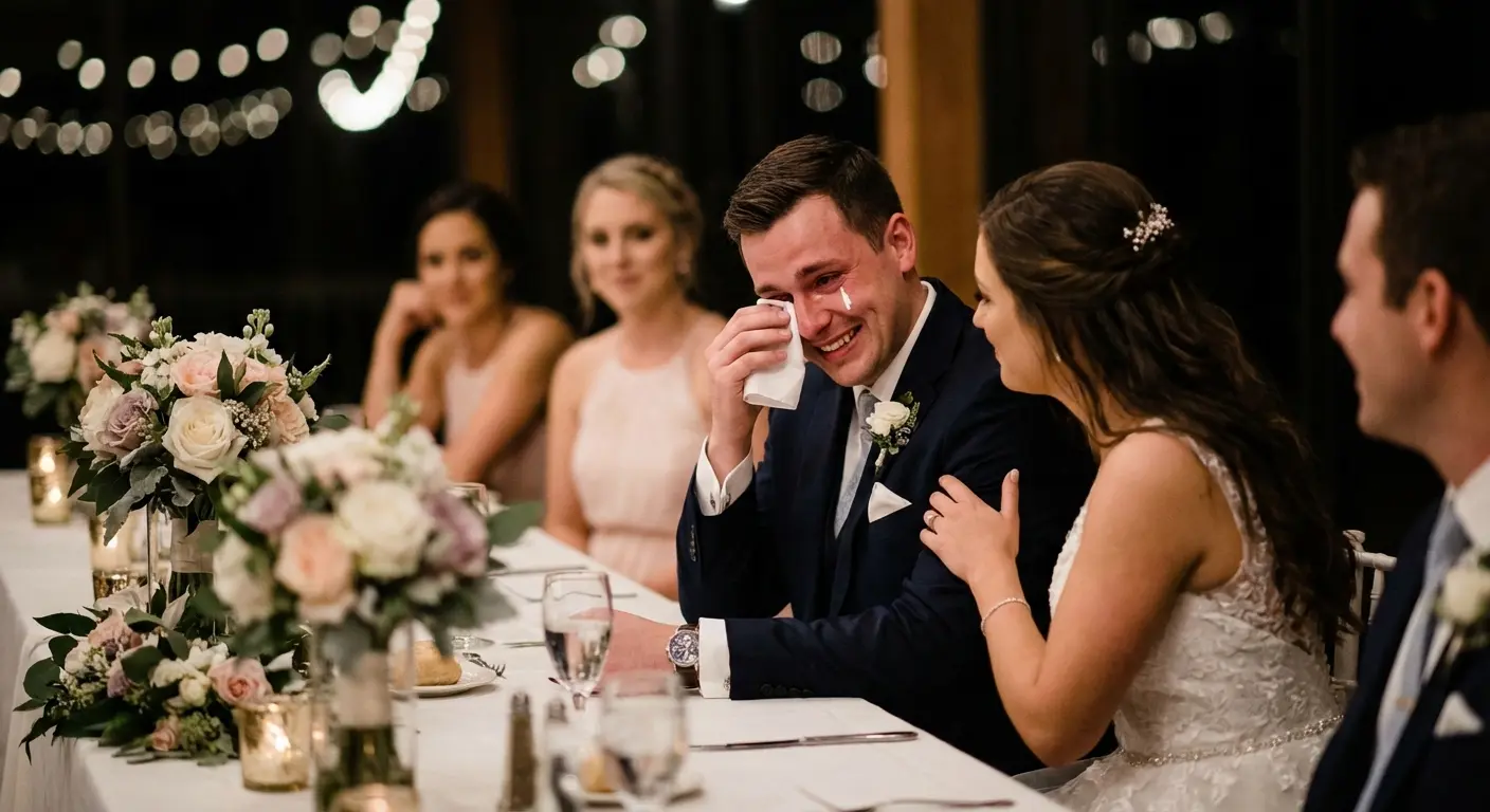 Emotional groom wiping tears during a speech
