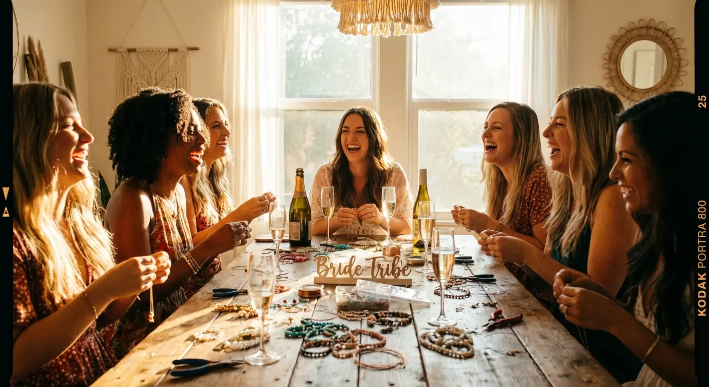 Group of friends laughing and making bracelets