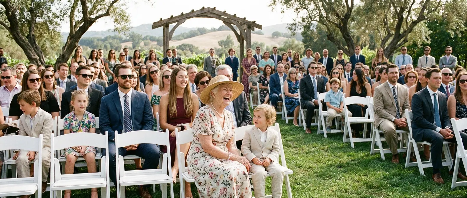 Look at the front row. You will see elderly relatives. Look at the back row. You will see toddlers.