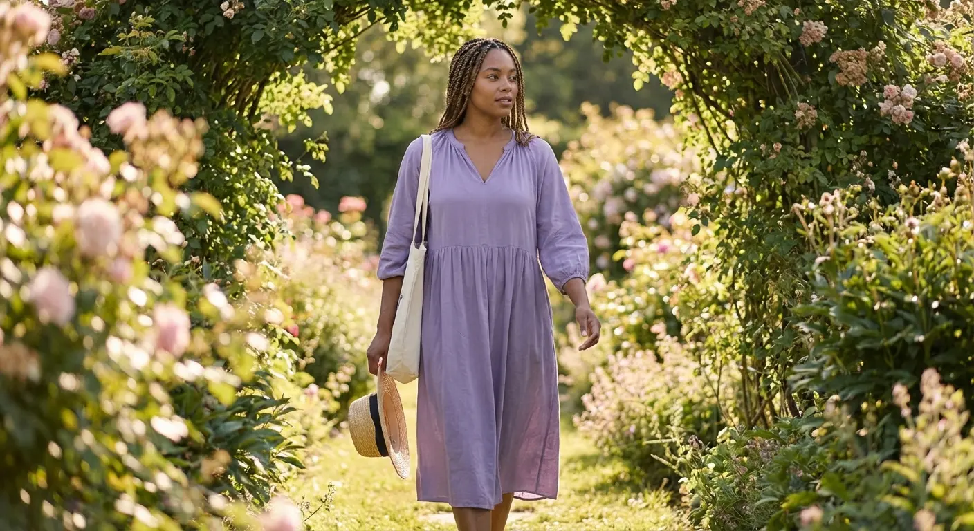 Woman wearing a digital lavender dress