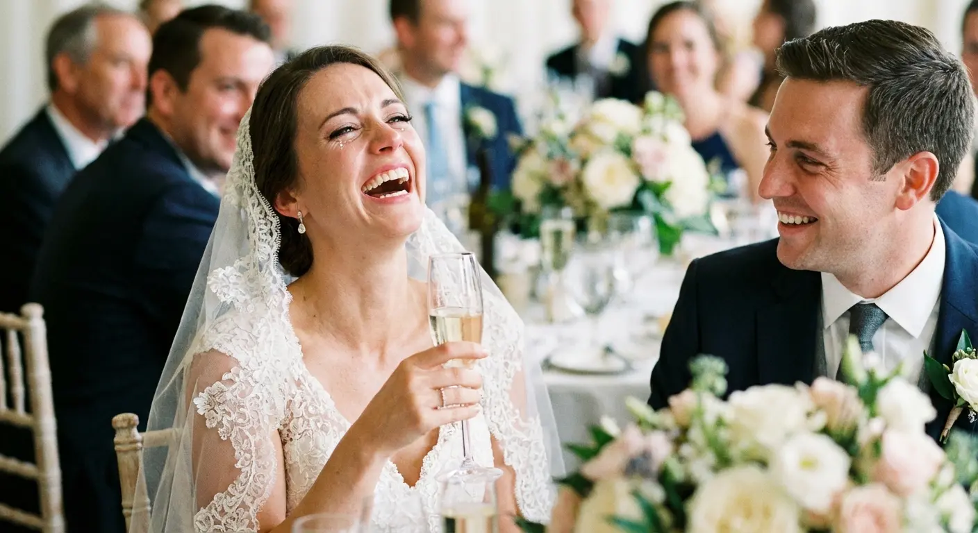 Bride and groom laughing at a story