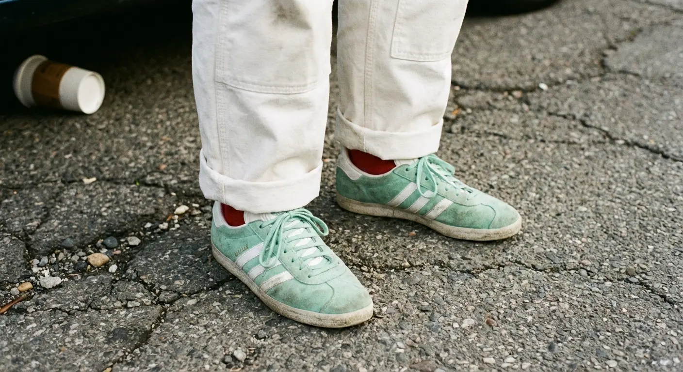 mint green retro sneakers with white pants