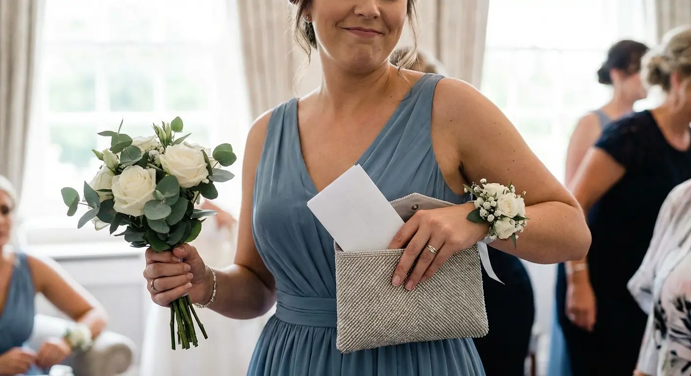 Maid of Honor holding bouquet and vow book