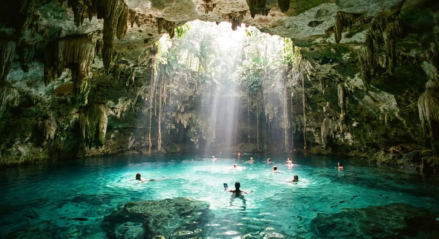 Swimmers exploring the crystal clear waters of Dos Ojos Cenote