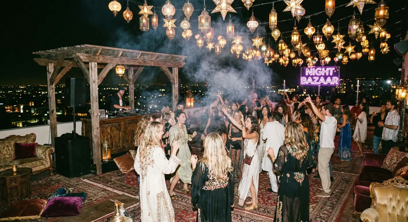 Supra rooftop club with bohemian decor and city views