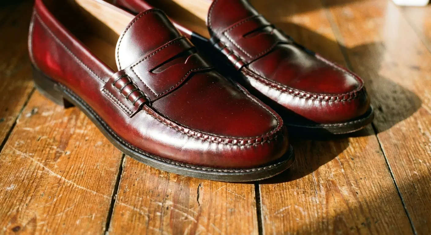 Oxblood leather loafers paired with brown trousers