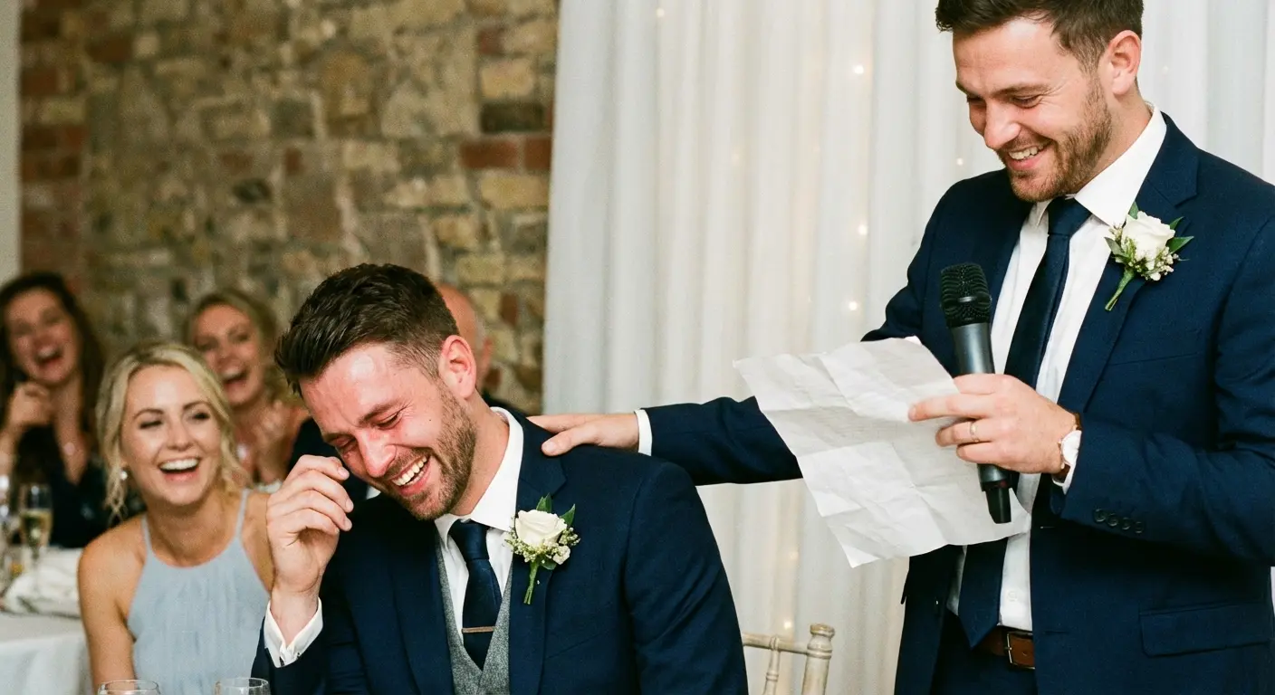 Groom laughing while being roasted during a speech