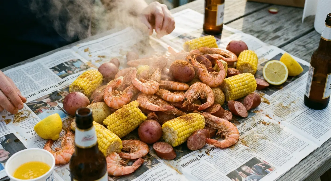 Large seafood boil spread on a table for a group dinner