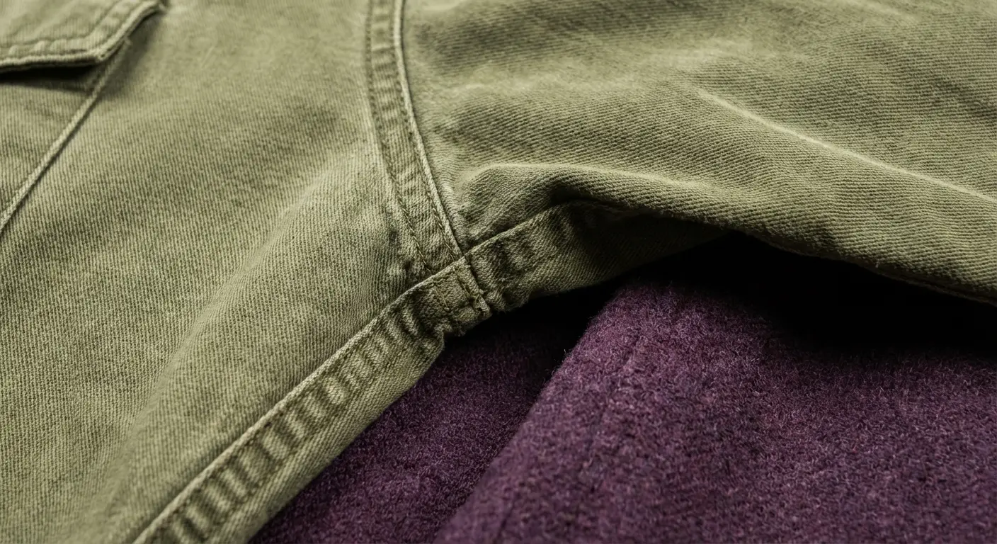 Olive green shirt paired with purple pants for an earthy look