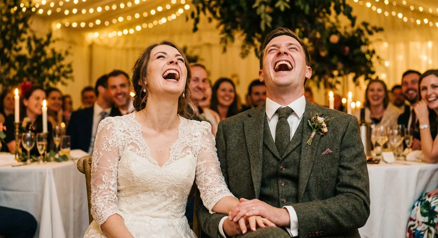 Bride and groom laughing at wedding puns during reception