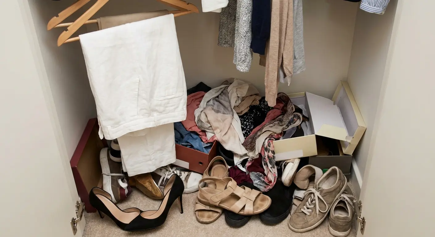 woman standing in closet looking at shoe options for white pants