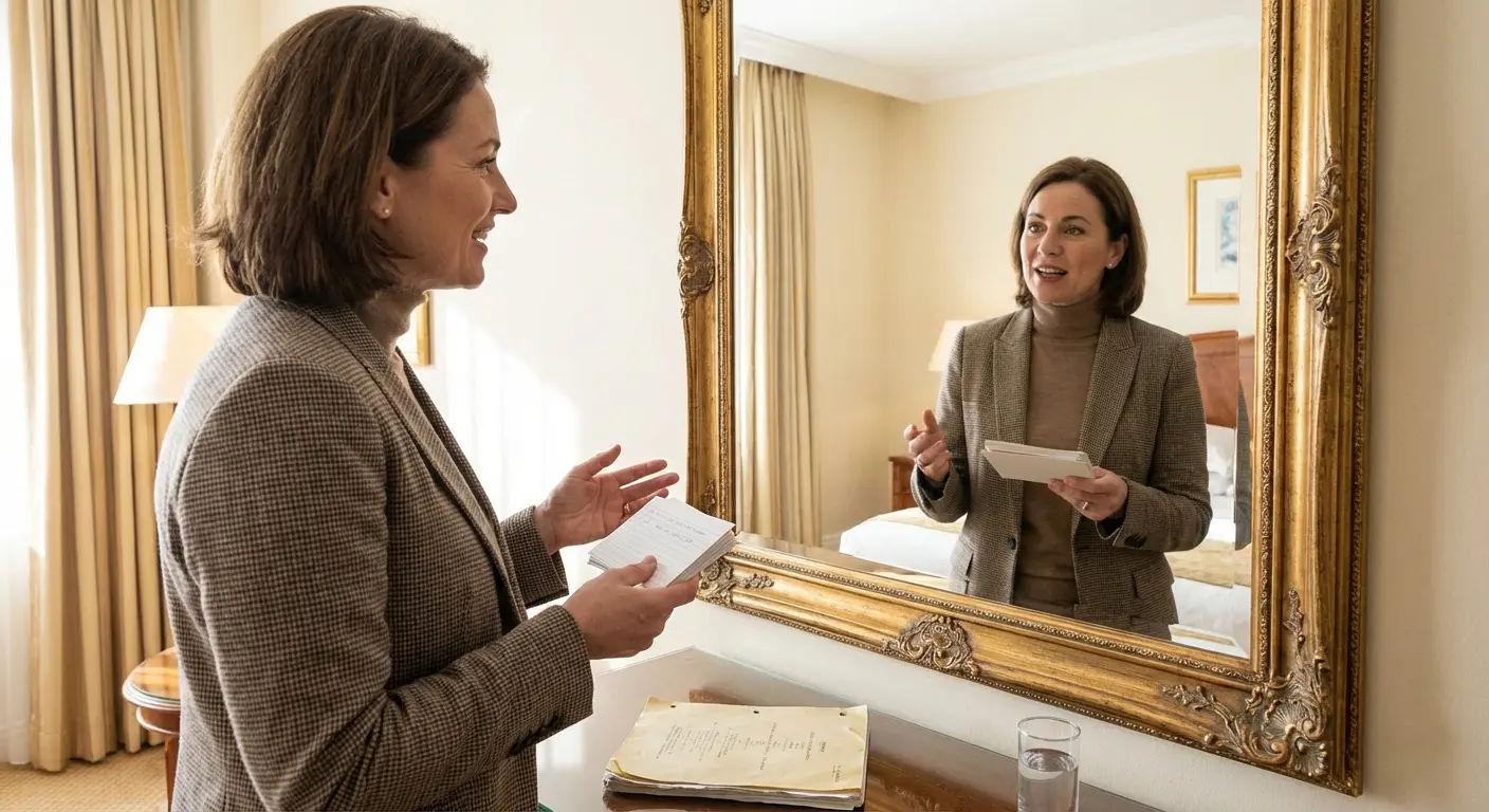 Mother holding microphone and speech cards