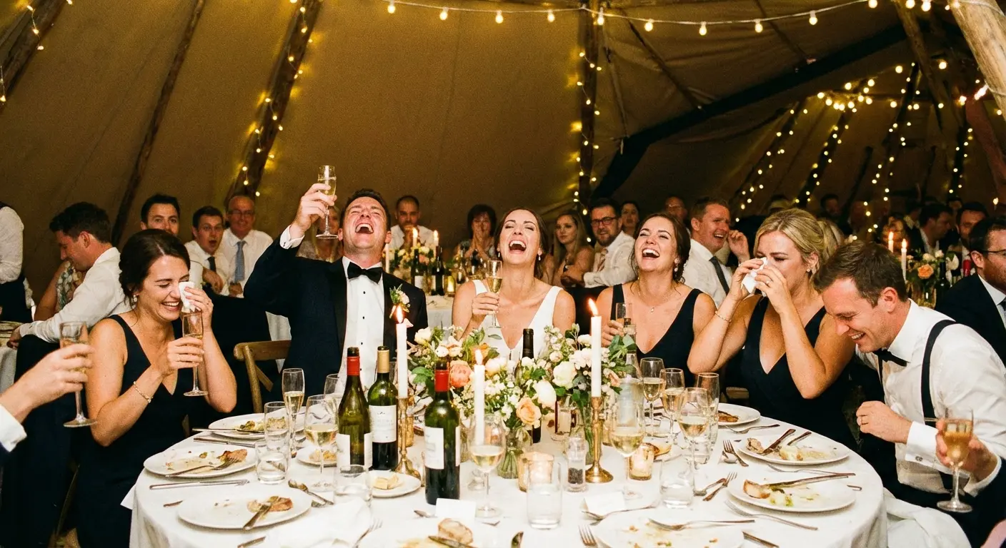 Wedding guests laughing loudly at the reception