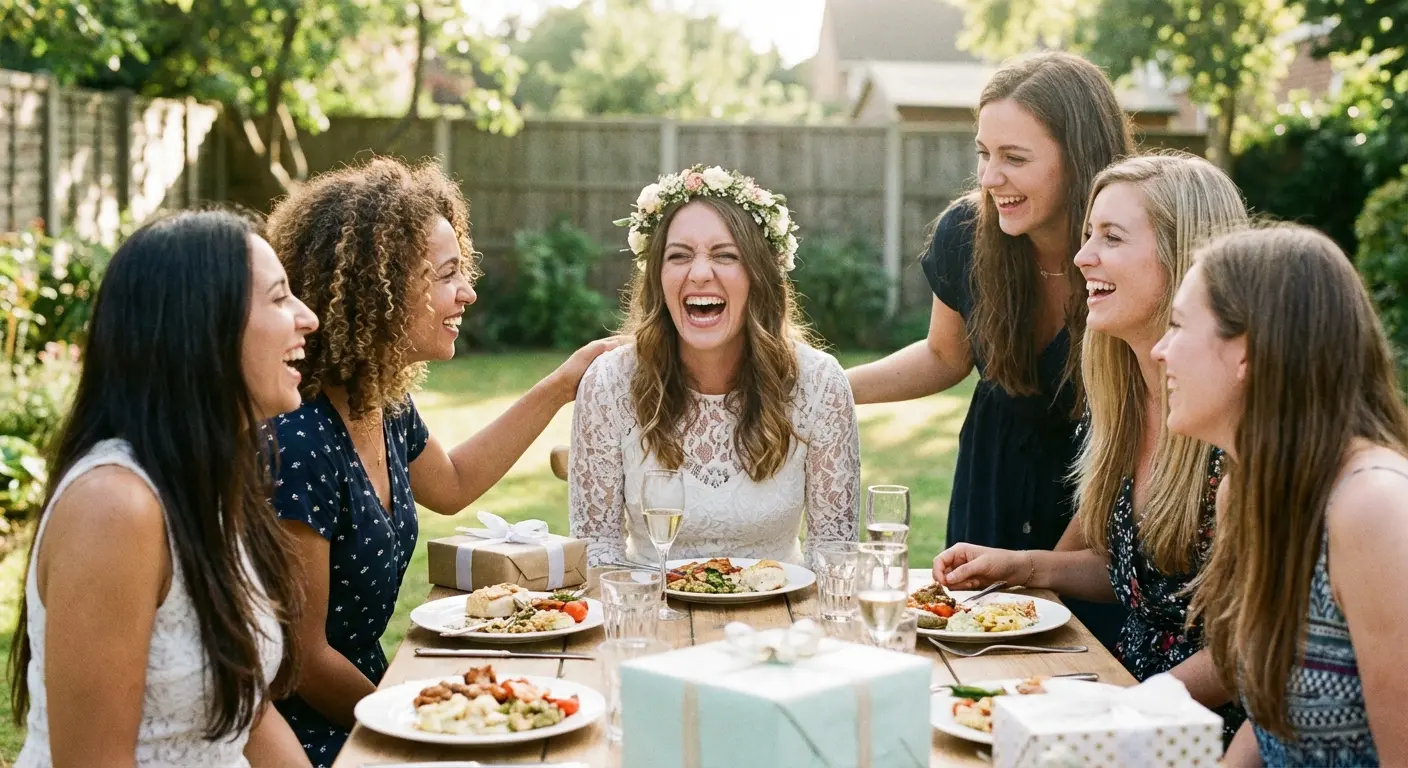 Friends laughing together at a bridal shower