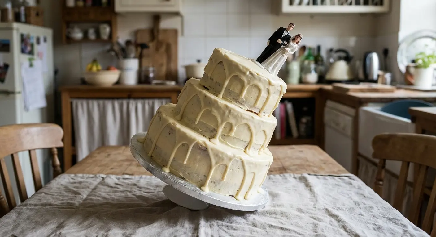 A limerick about a bride attempting to bake her own cake to save money