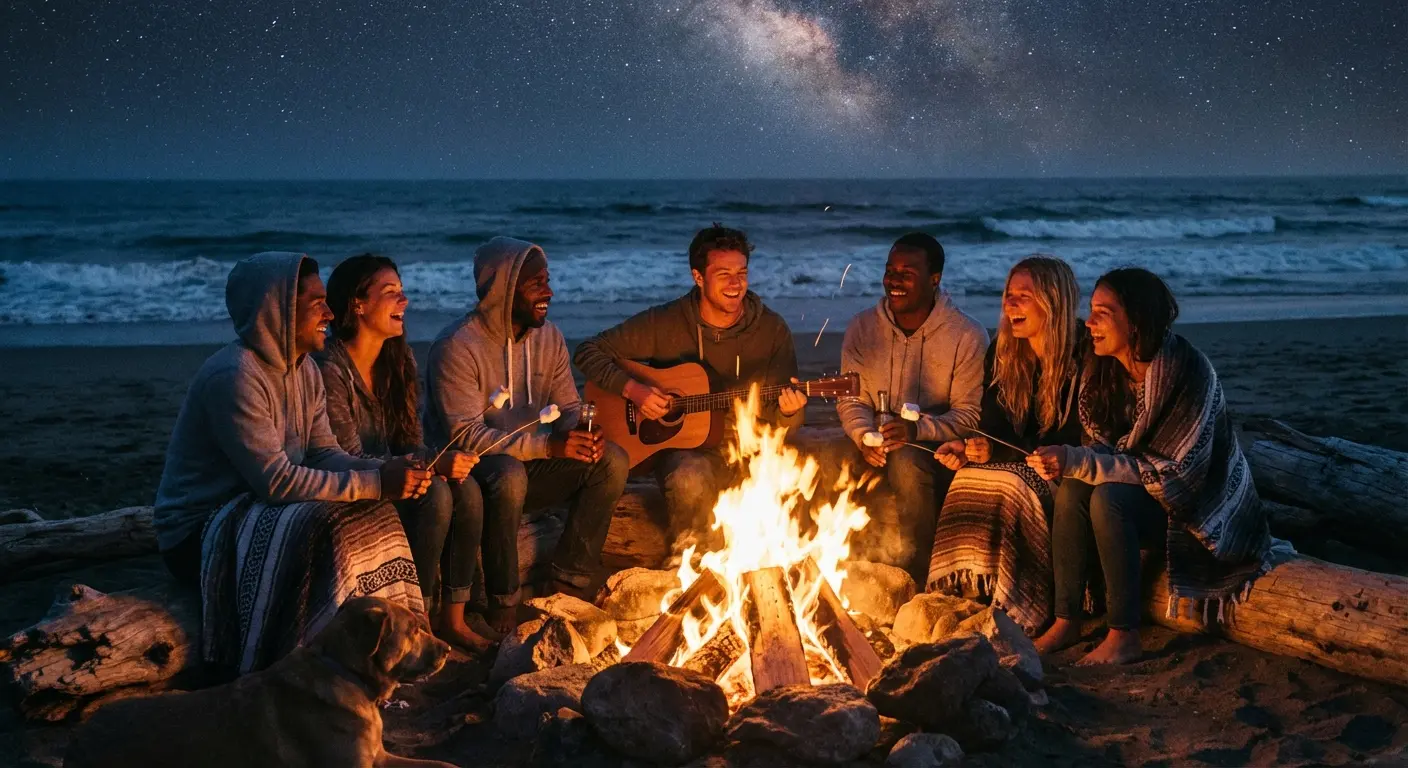Bonfire setup on the beach at sunset