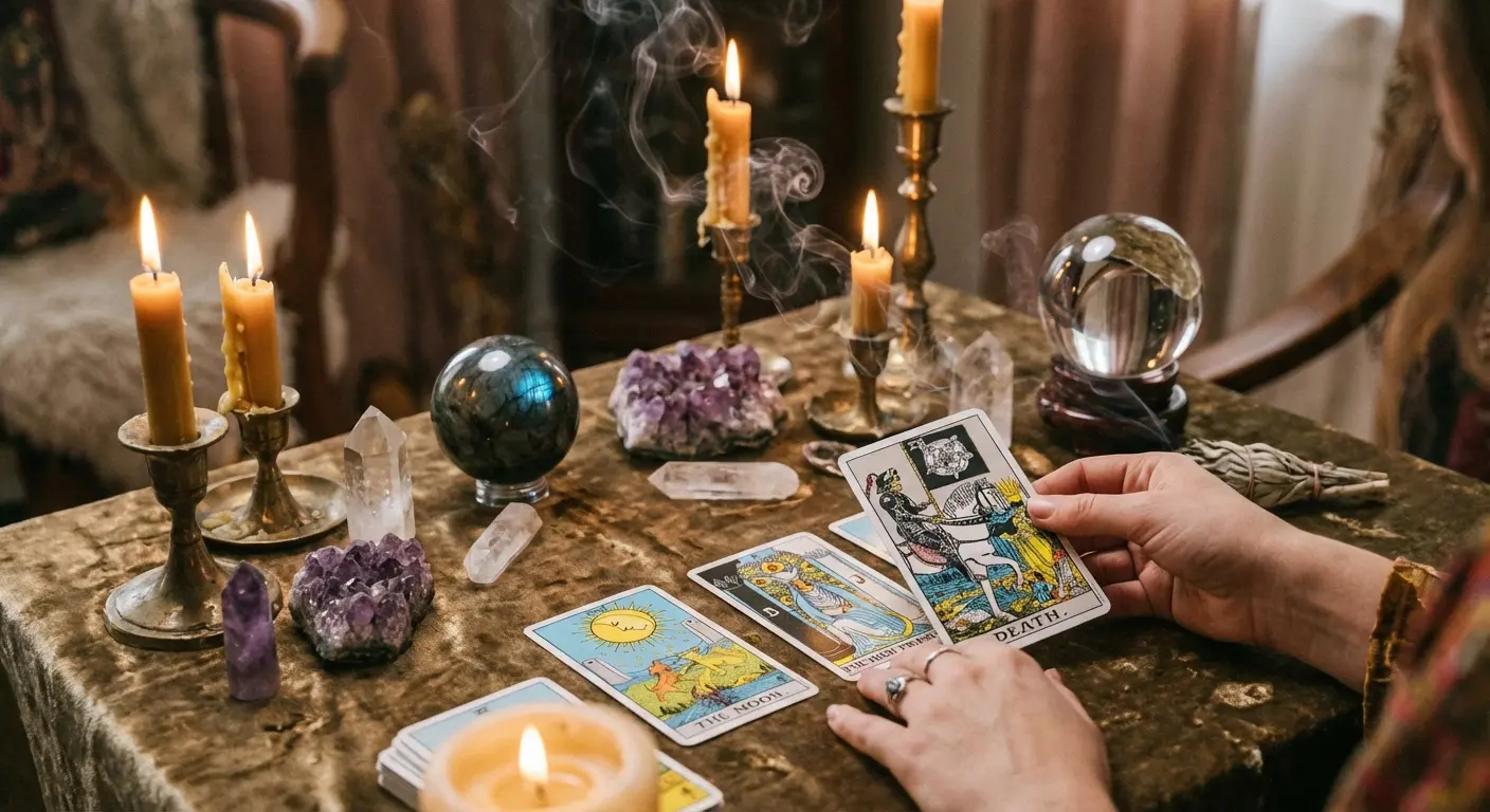 Tarot card reader giving a reading at a party