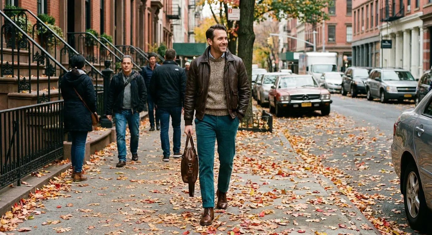 Chocolate brown sweater styled with teal pants