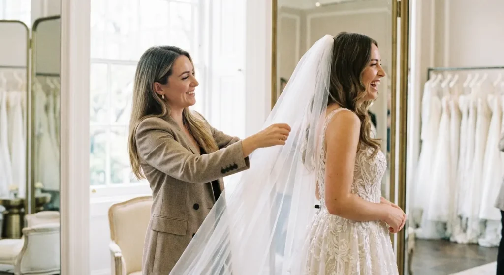 Professional bridesmaid helping a bride