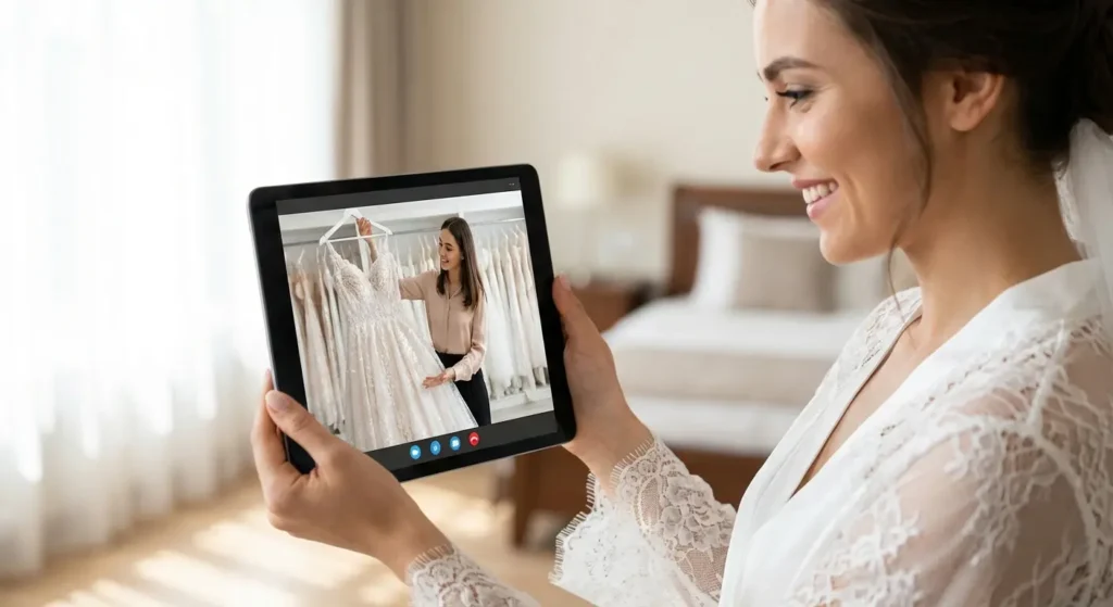 Bride looking at wedding dresses on a tablet