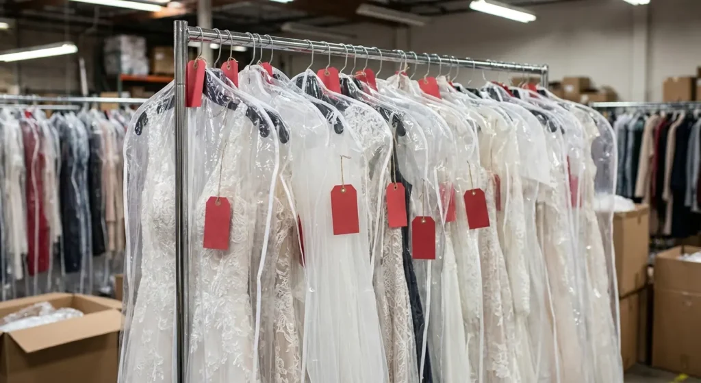 Rack of wedding dresses at a sample sale