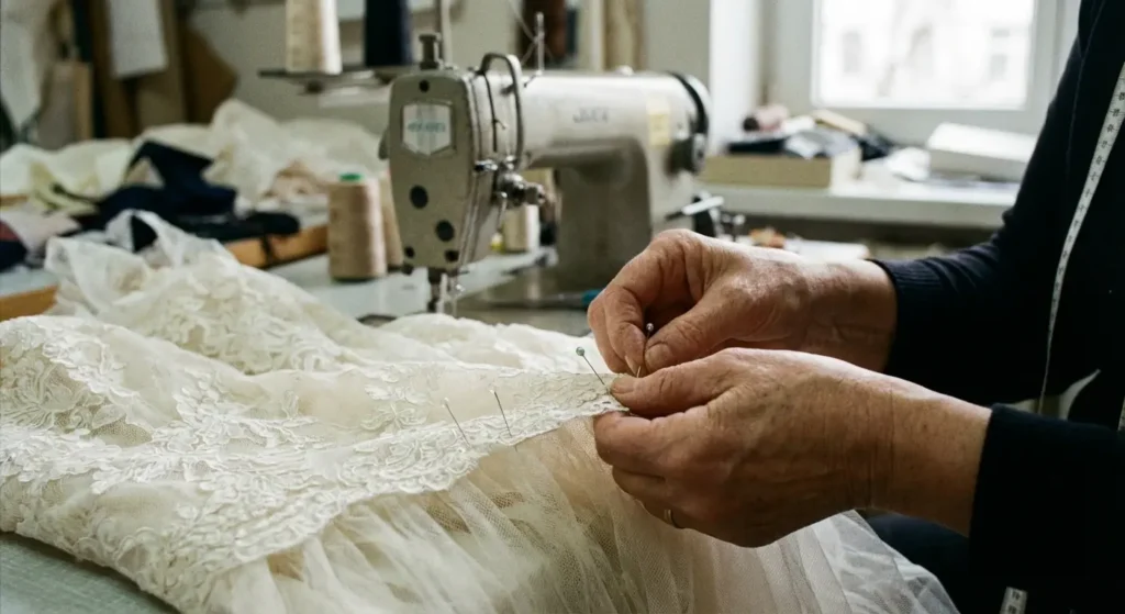 Seamstress pinning a wedding dress hem