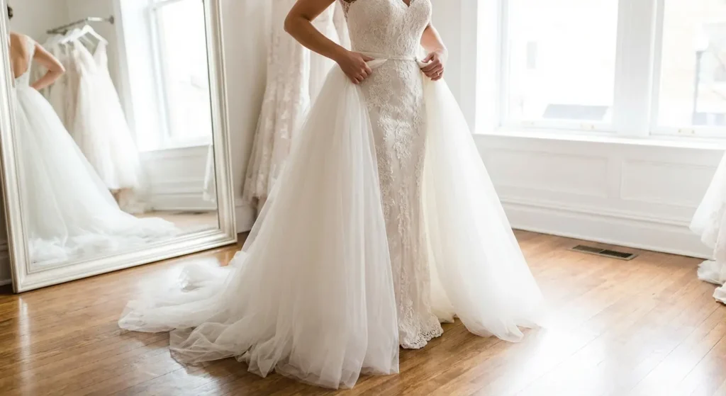 Wedding dress with detachable sleeves and skirt