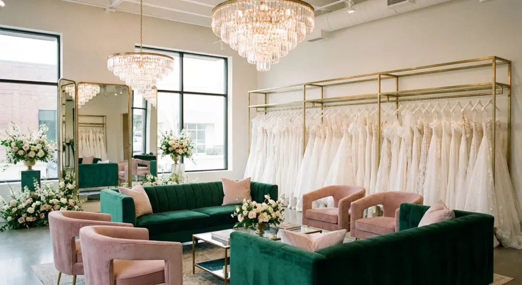 Bridal shop interior with gowns on display