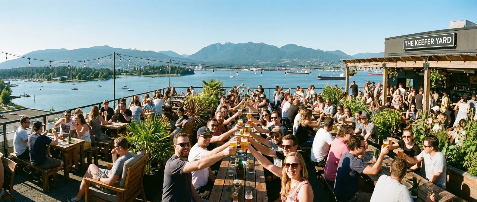 Group of friends enjoying summer drinks on a patio in Vancouver